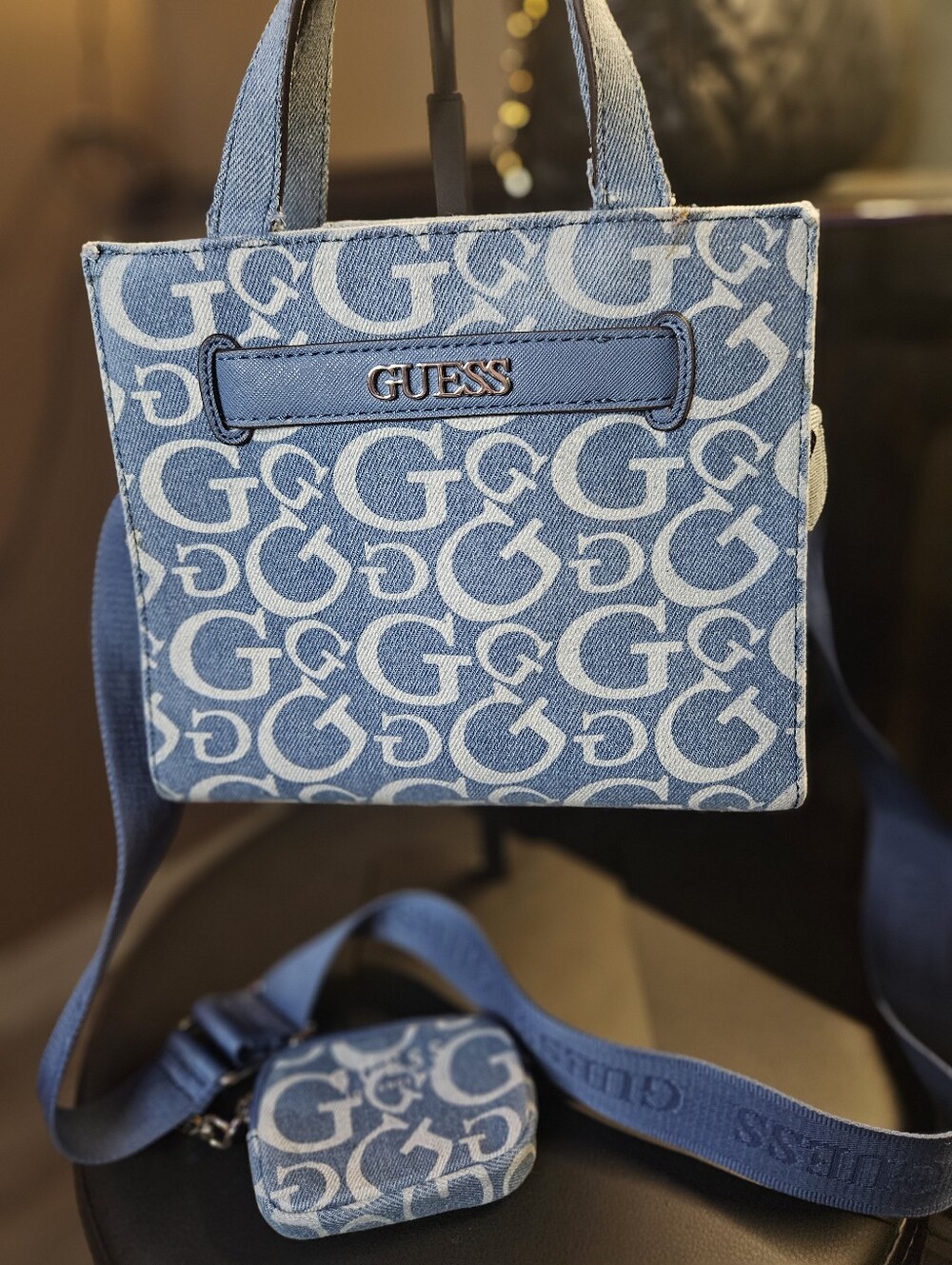 💥Sale💥GUESS Blue Denim Logo Monogram Mini Crossbody Shopper with Coin Pouch
